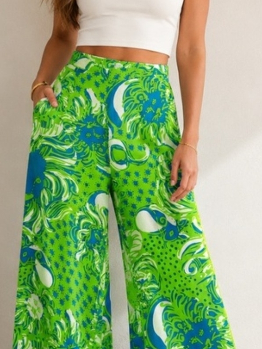 Lilly Pulitzer Lime Green and Blue Wide-Leg Printed Pants